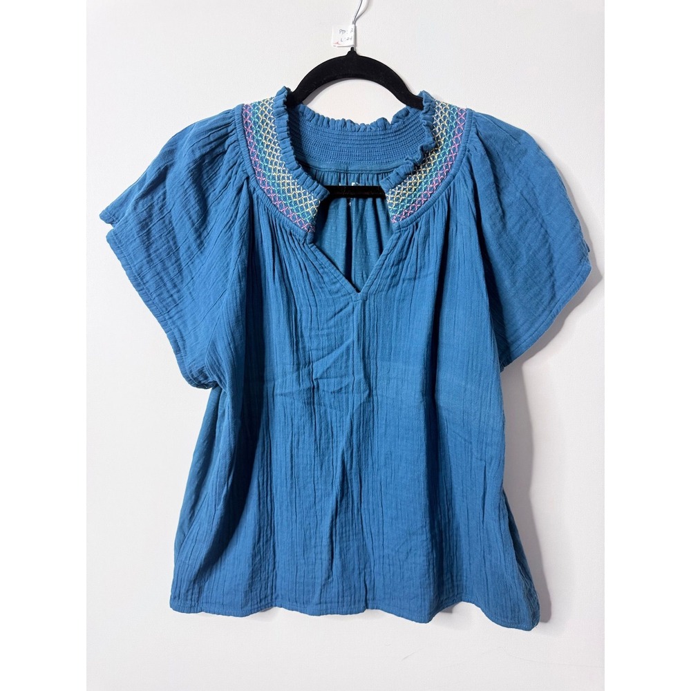 LOFT Embroidered Smocked Flutter Sleeve Blouse Teal Blue Medium